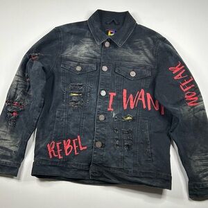 VTG Y2k Demolition Men’s Denim Jacket Medium Patchwork Steampunk Grunge Hardcore